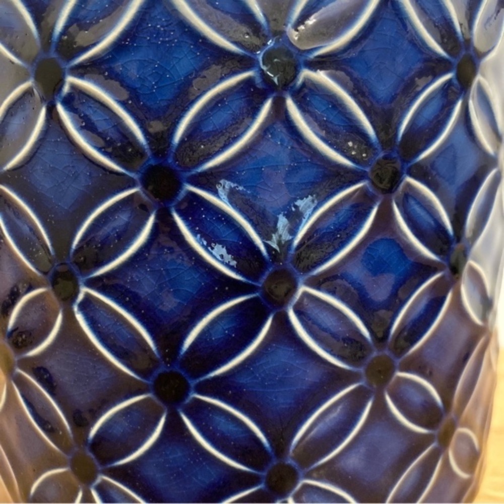6 Inch Blue Planter Ceramic Pot Cobalt Embossed Floral Pattern Inline Saucer NWT - Picture 12 of 15